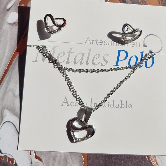 Heart Shaped Earrings & Necklace Set Gift Stainless Steel ♡ - Picture 3 of 5